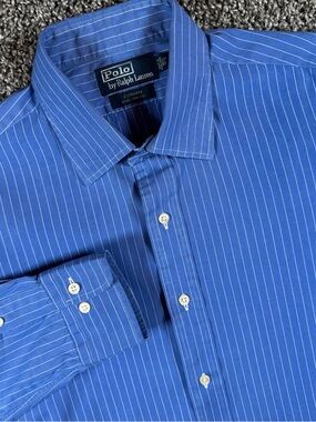Polo Ralph Lauren Mens 16.5 34/35 Curham Custom Fit Blue Pinstripe Button Shirt